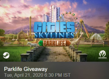 Cities Skylines Parklife DLC for free on Steam till April 26