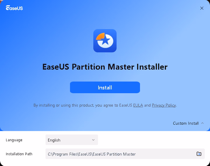 EaseUS Partition Master installer window with Install button and Custom Install options for language and installation path