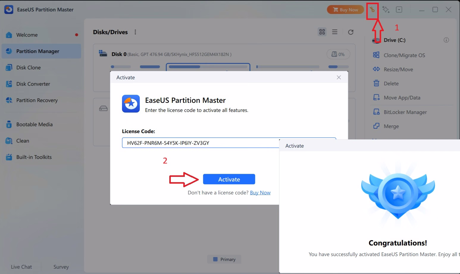 Activating EaseUS Partition Master Pro with the giveaway licence code via the key icon and Activate button