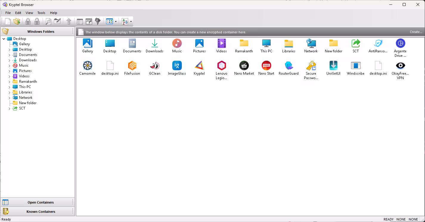 Kryptel Browser interface for managing encrypted EDC containers