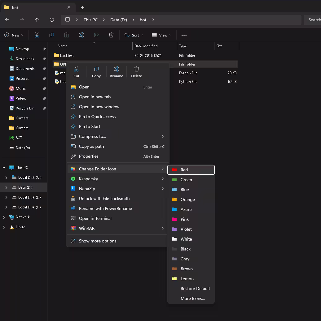 Windows 11 File Explorer context menu showing the Folderico option to quickly change a folder's color and icon.
