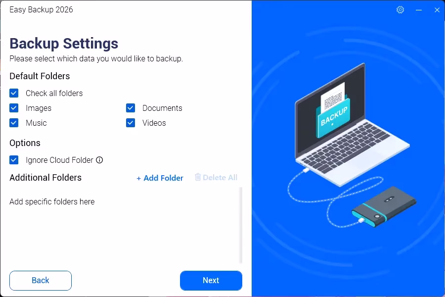 Abelssoft EasyBackup 2026 create backup wizard showing file selection and backup destination options
