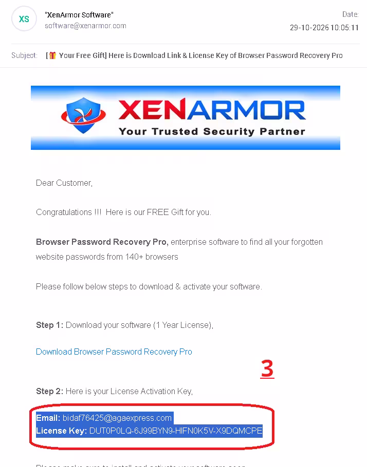 XenArmor email with the download link and free 1-year license key for Browser Password Recovery Pro