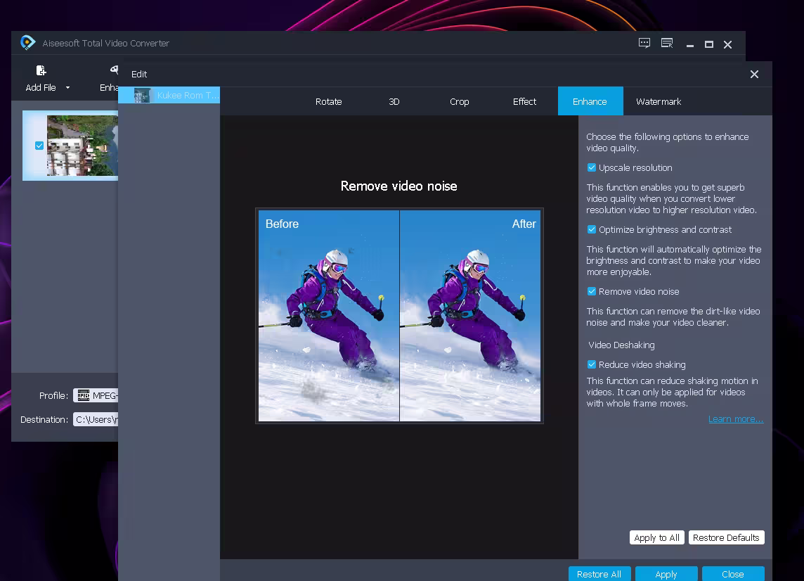 Aiseesoft Total Video Converter enhance window with upscale resolution, brightness, denoise and stabilize options