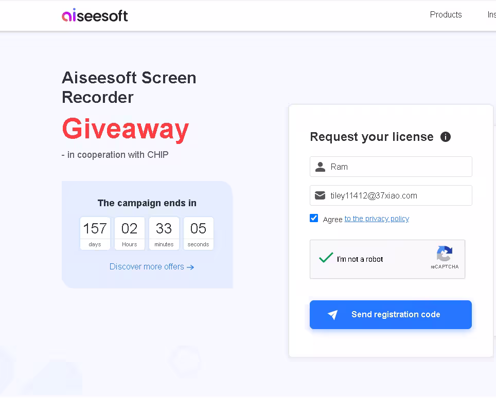 Aiseesoft Screen Recorder CHIP giveaway page showing the registration form and campaign countdown.