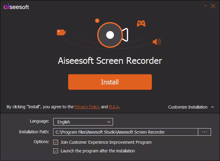 Aiseesoft Screen Recorder installer with Customize Installation options and customer experience program checkbox.