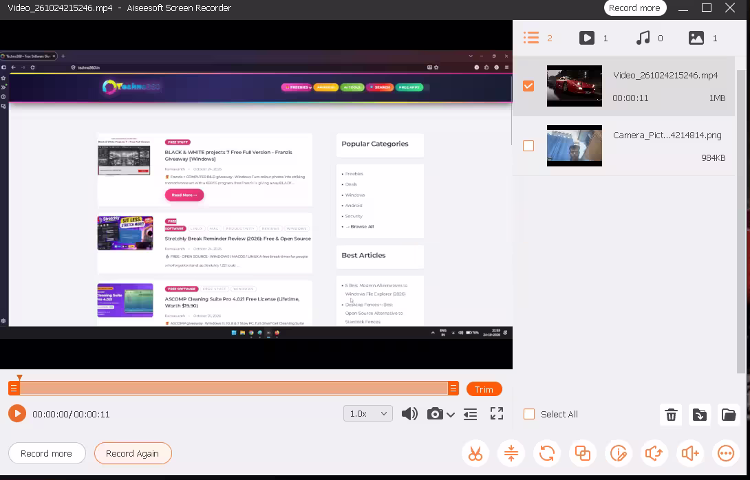Aiseesoft Screen Recorder recording history window with video preview, trim timeline and editing toolbar.