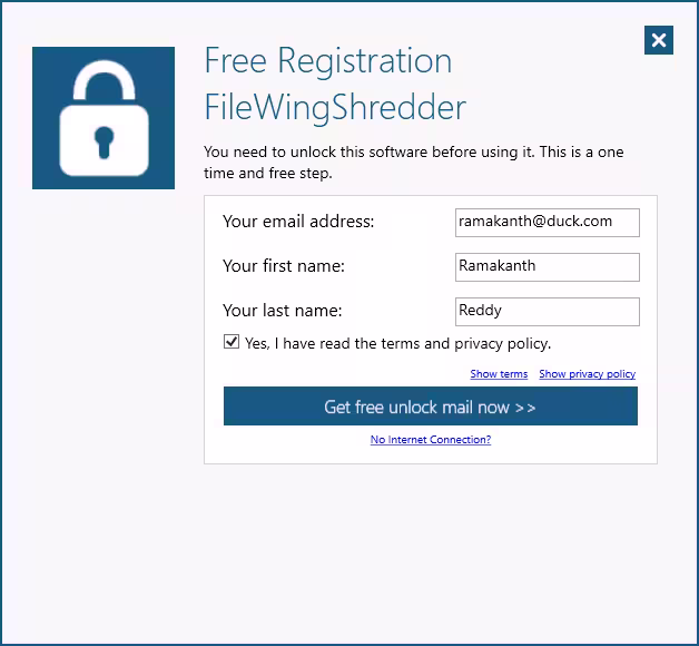 FileWing Shredder registration window requesting an email address, first name and last name