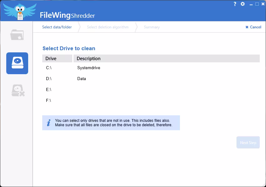 FileWing Shredder clean free space screen listing available drives