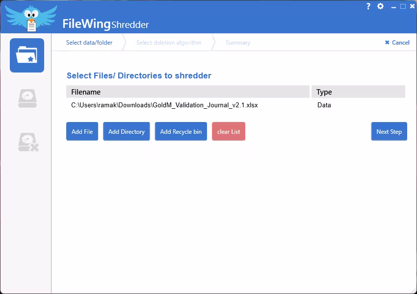 FileWing Shredder file selection screen with Add File, Add Directory and Add Recycle bin options