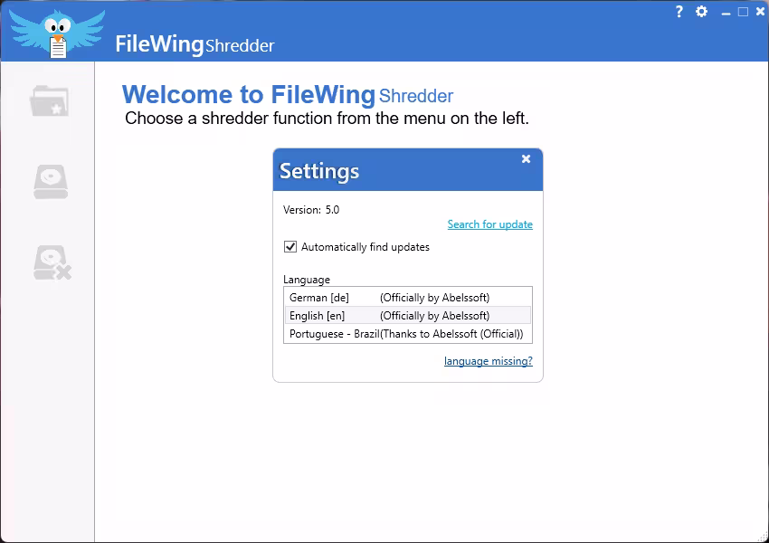 FileWing Shredder Settings panel showing Version 5.0, automatic updates and language options