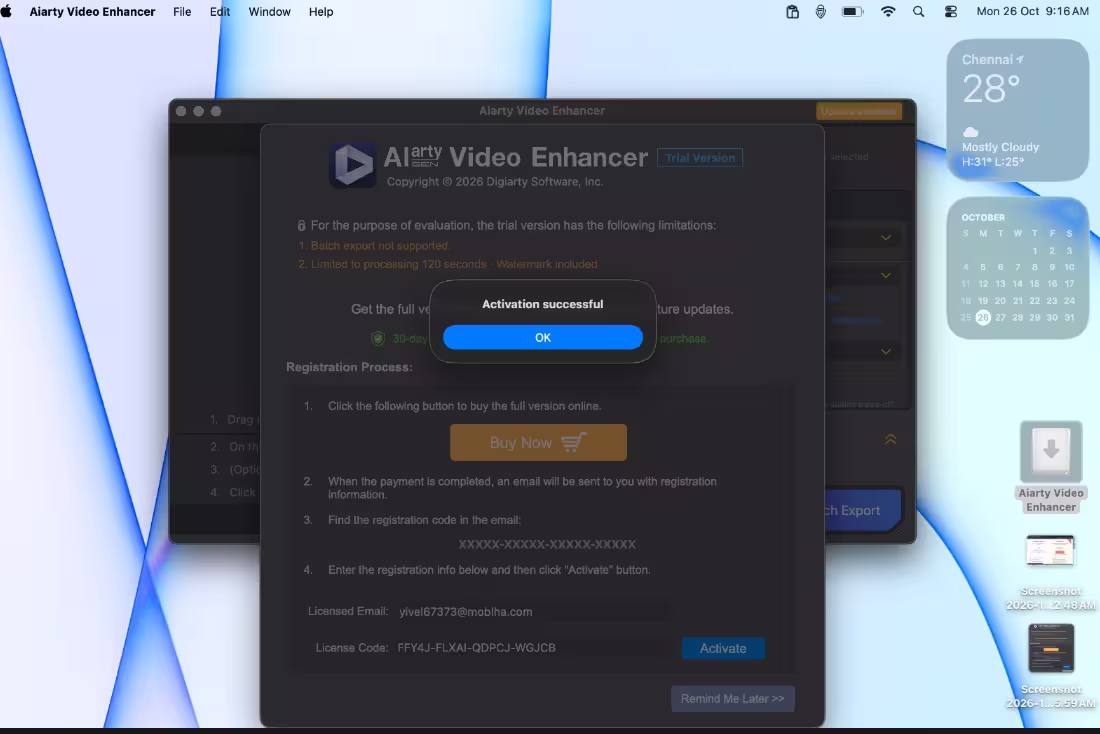 Aiarty Video Enhancer registration window on Mac showing Activation successful message after entering email and licence code