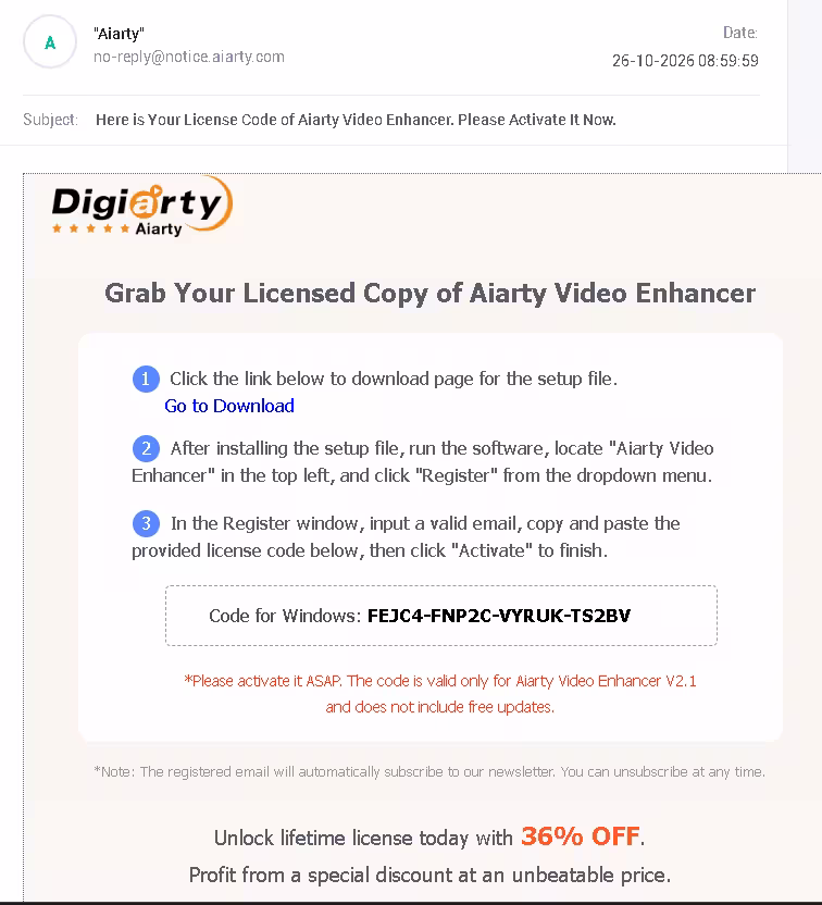 Email from Aiarty containing the Aiarty Video Enhancer V2.1 giveaway licence code for Windows