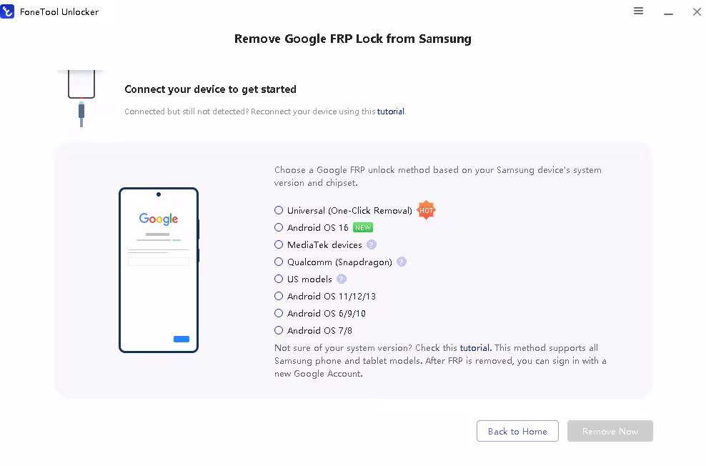 FoneTool Unlocker Pro removing Google FRP lock from a Samsung phone