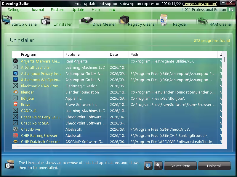 Cleaning Suite Pro Uninstaller listing 373 installed programs with publisher, install date and path