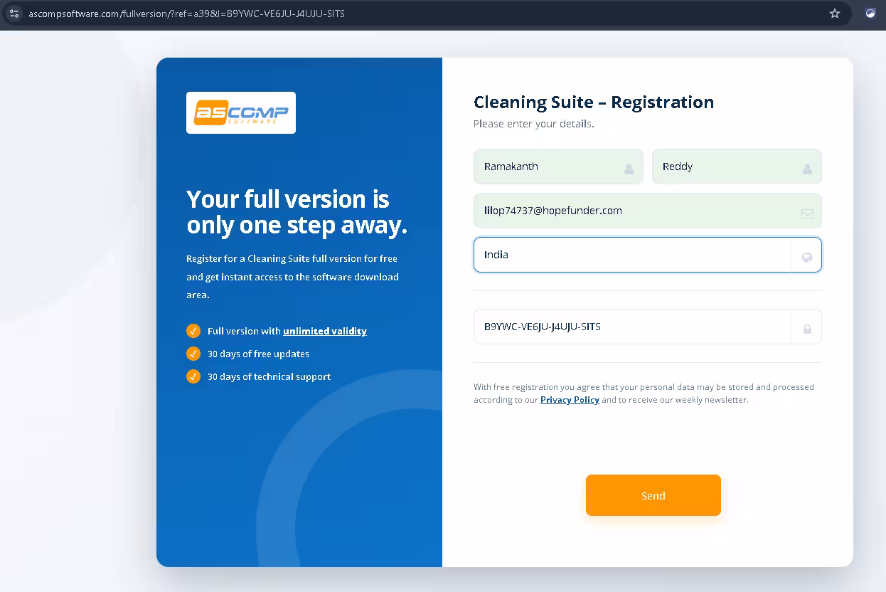 ASCOMP Cleaning Suite Professional giveaway registration form with name, email, country and pre-filled licence key fields