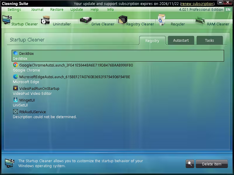 Cleaning Suite 4.021 Professional Edition Startup Cleaner listing autostart entries in the Registry, Autostart and Tasks tabs
