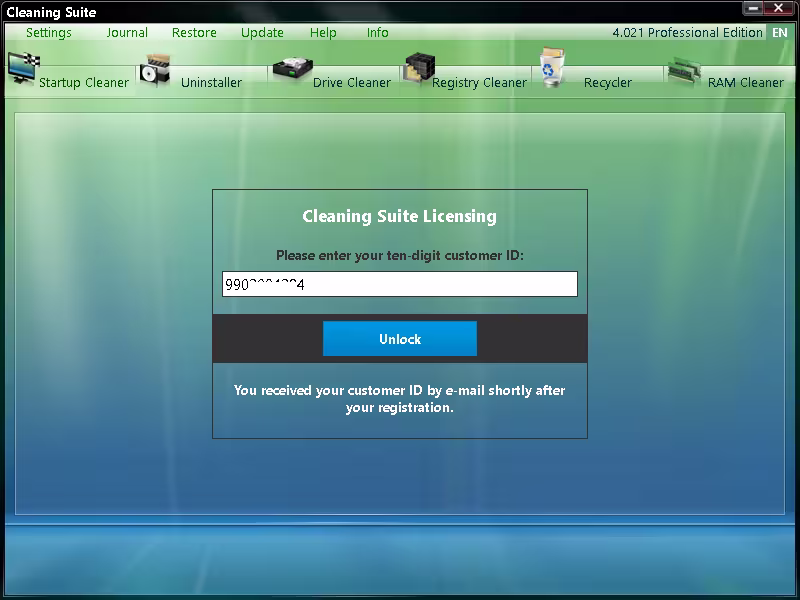 Cleaning Suite Licensing window asking for the ten-digit ASCOMP customer ID with the Unlock button