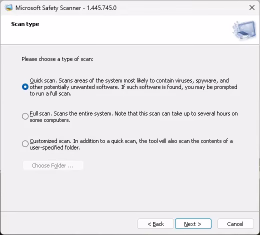 Microsoft Safety Scanner—three scanning methods