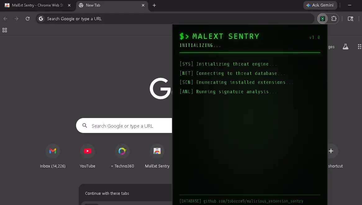 MalExt Sentry initializing - threat engine, database connection, extension scan and signature analysis