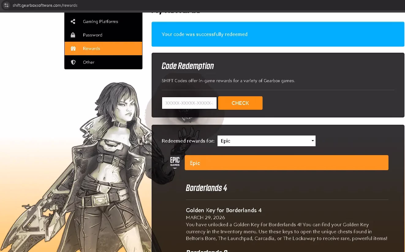 Borderlands 4 Golden Key successfully redeemed via SHiFT