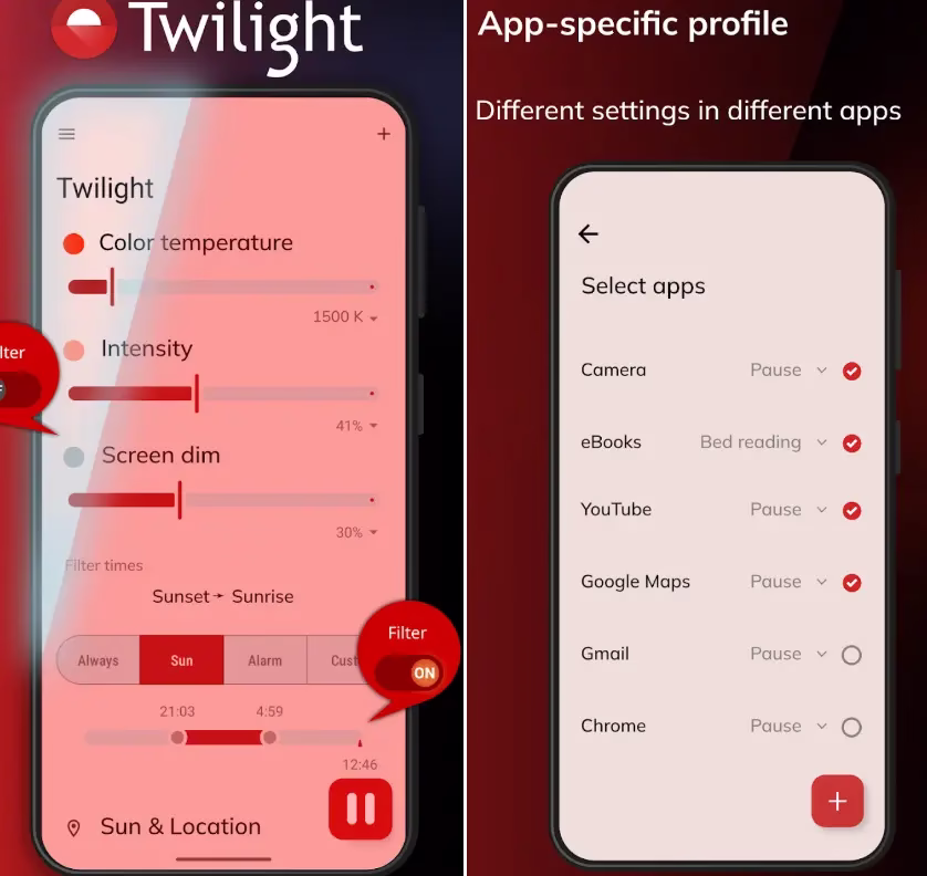 Twilight app settings showing color temperature, intensity and screen dim controls alongside app-specific profile configuration