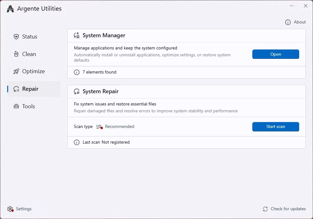 Argente Utilities Repair module showing System Manager with 7 elements found and the System Repair tool with a Start Scan button for fixing damaged system file