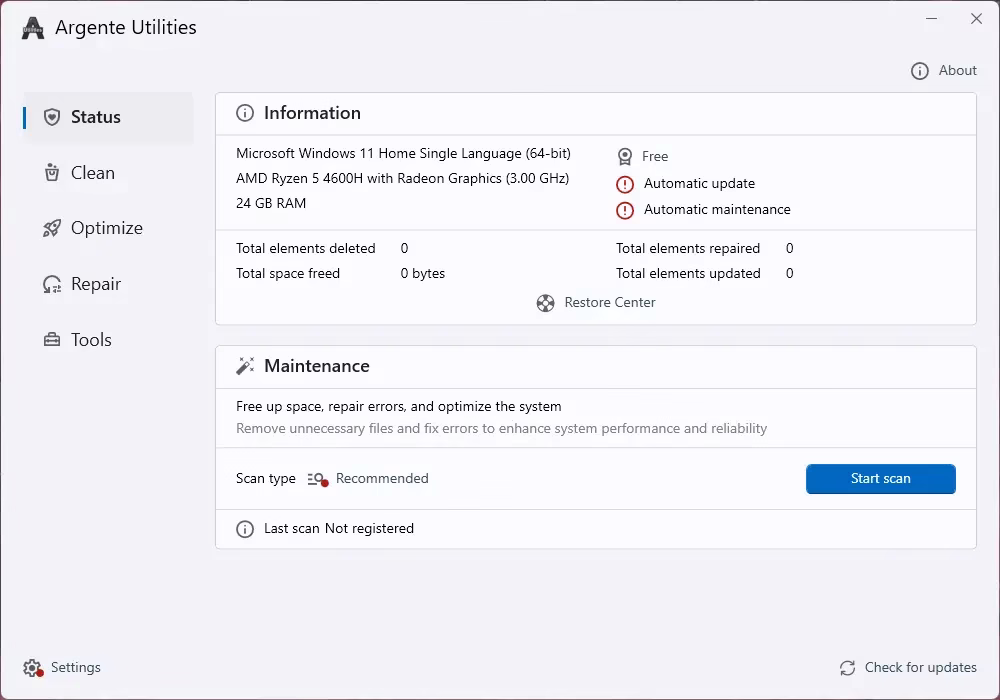 Argente Utilities 3.0 main window showing system status, information panel with Windows 11 specs, and the one-click maintenance scan button