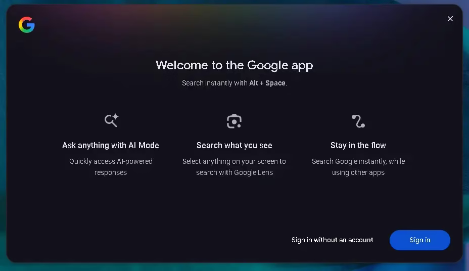 Google App for Windows welcome screen showing Alt+Space shortcut and three main features