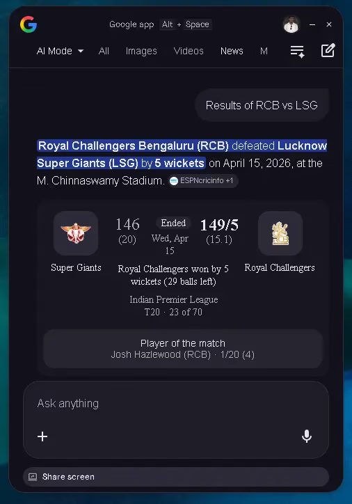 Google App search results showing RCB vs LSG IPL match result with cricket scorecard