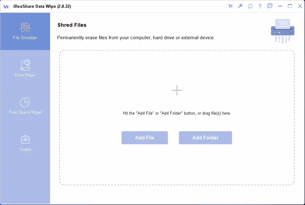 iReaShare Data Wipe Shred Files Interface