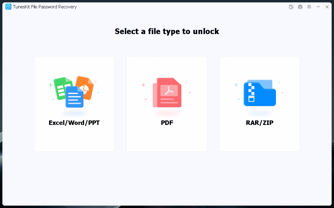 TunesKit File Password Recovery Main Interface - Select File Type to Unlock