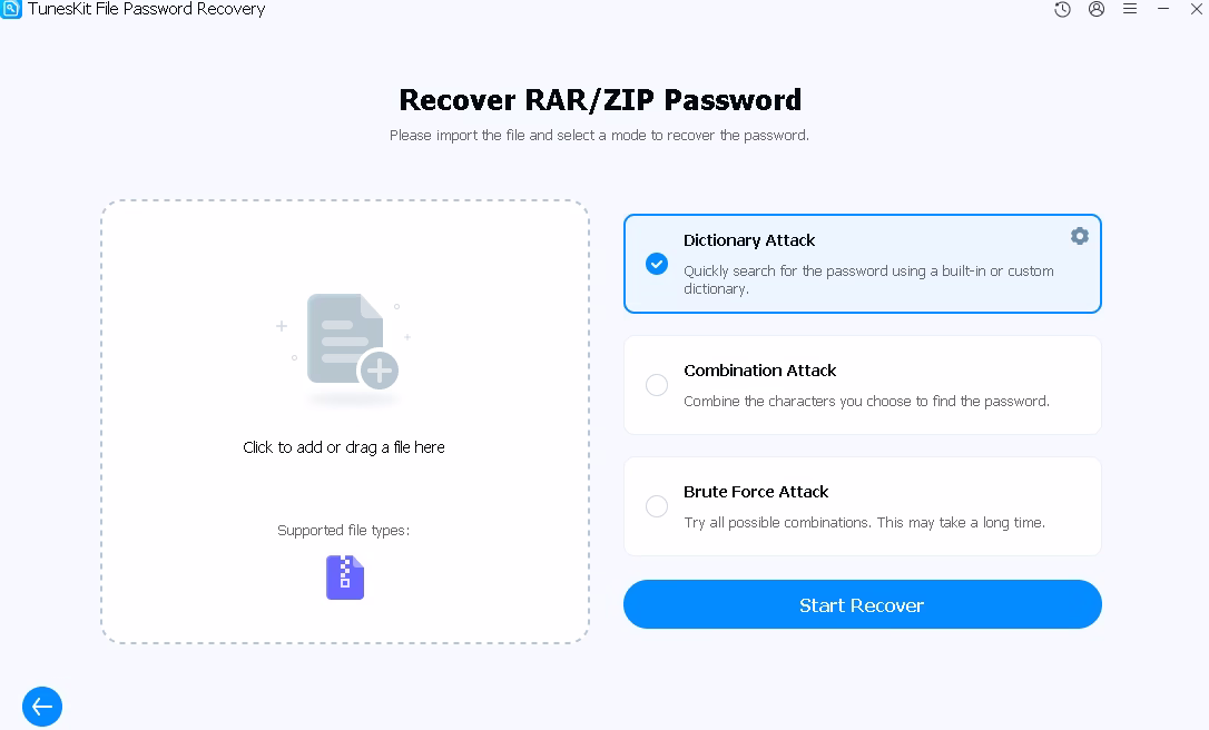 TunesKit RAR ZIP Password Recovery Interface - Dictionary, Combination, and Brute Force Attack Modes