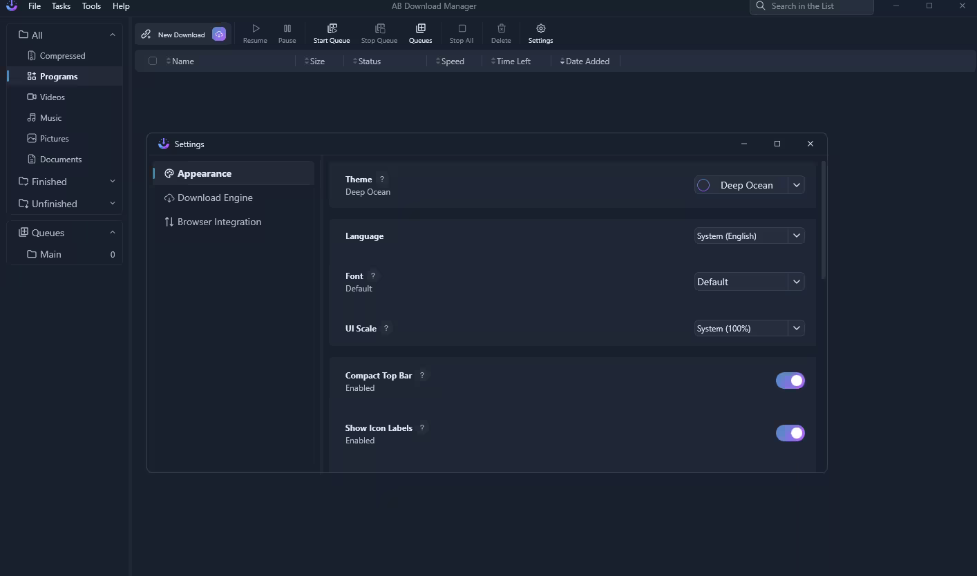 AB Download Manager Settings Appearance panel with theme selector showing Deep Ocean theme