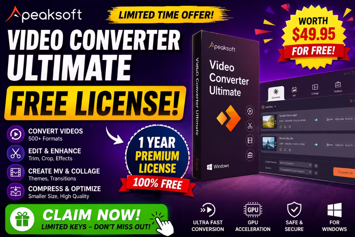 Promotional banner showing Apeaksoft Video Converter Ultimate free 1-year premium license giveaway with video conversion, editing, compression, and MV maker features for Windows.