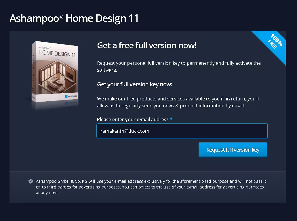 Ashampoo Home Design 11 giveaway registration page asking for email address