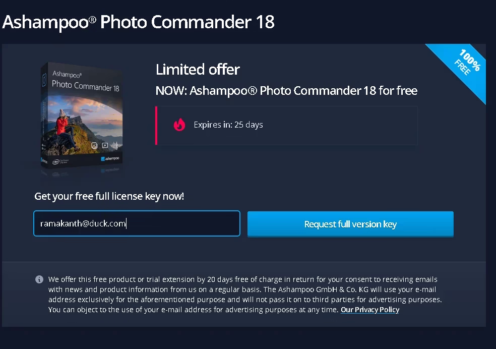 Ashampoo Photo Commander 18 free license giveaway page
