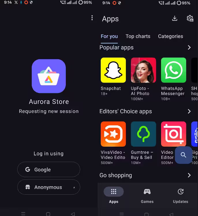 Aurora Store screenshot: login screen + Apps tab showing Popular apps and Editors'
