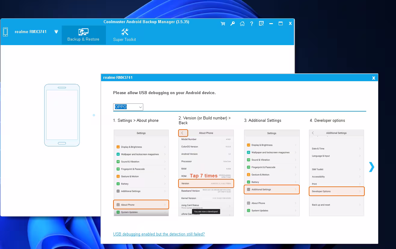Step-by-step guide to enable USB debugging in developer options on Android phone for use with Coolmuster Android Backup Manager on Windows PC