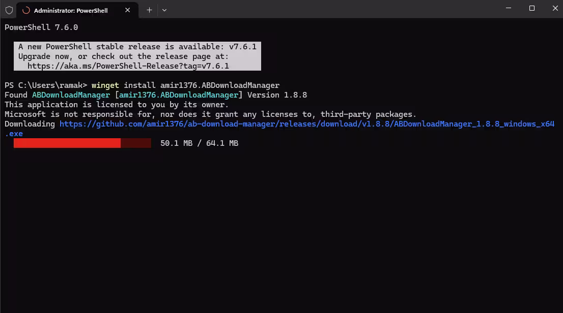 PowerShell terminal showing winget install command for AB Download Manager v1.8.8 downloading