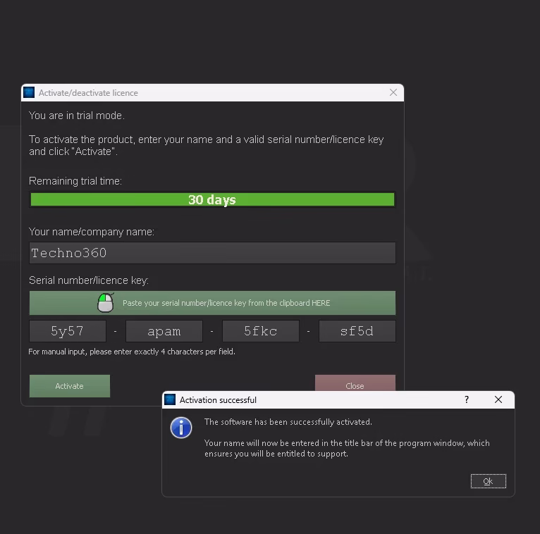 HDR Projects 10 license activation window with serial key fields