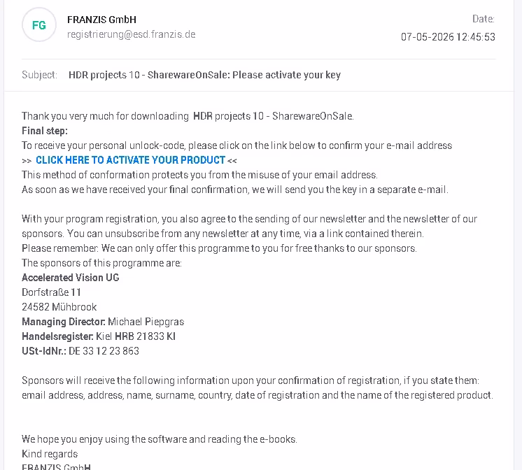 Franzis confirmation email asking user to activate the product