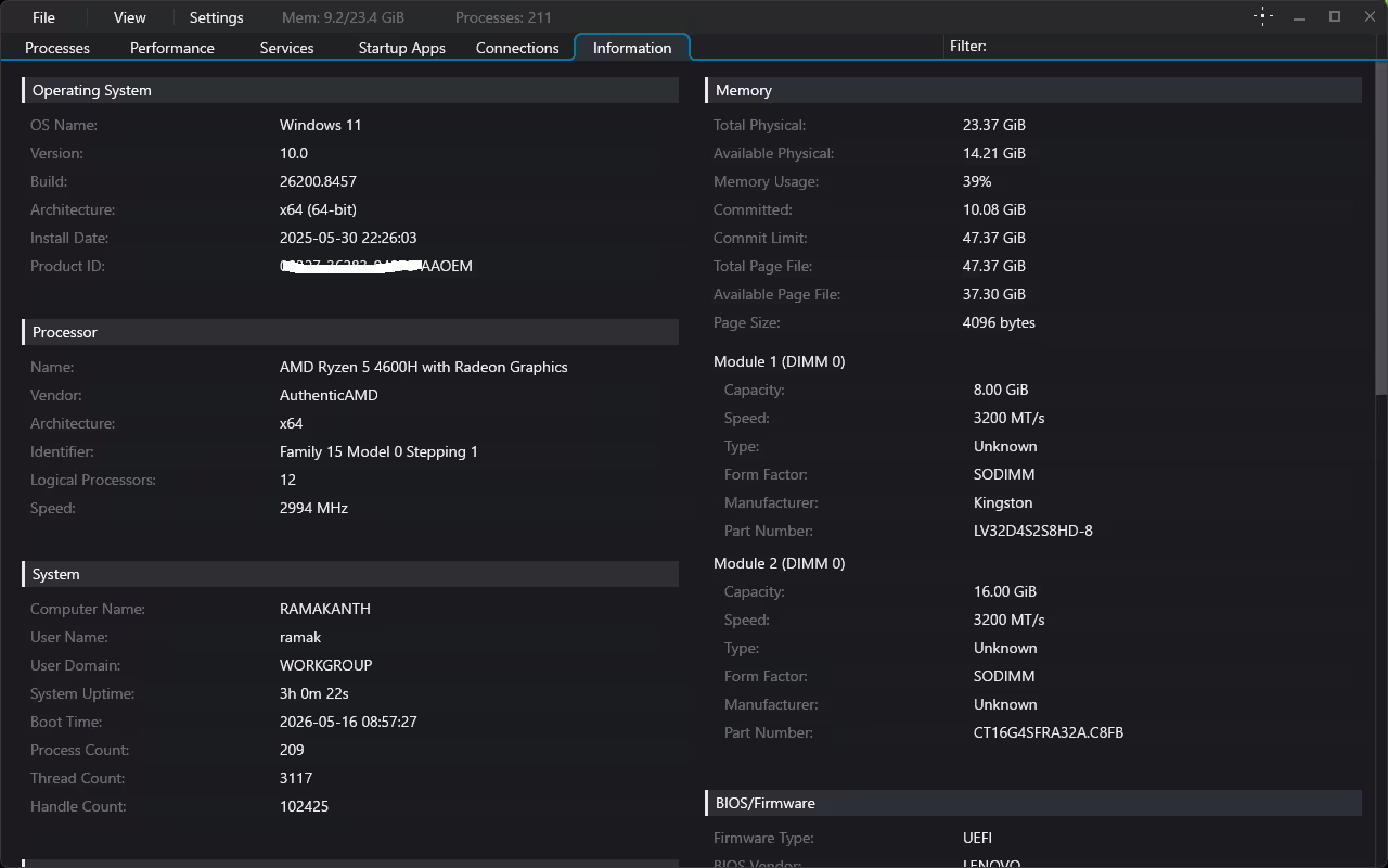 TaskSlinger Information tab displaying Windows version, processor details, memory specifications, BIOS firmware type, and system uptime.
