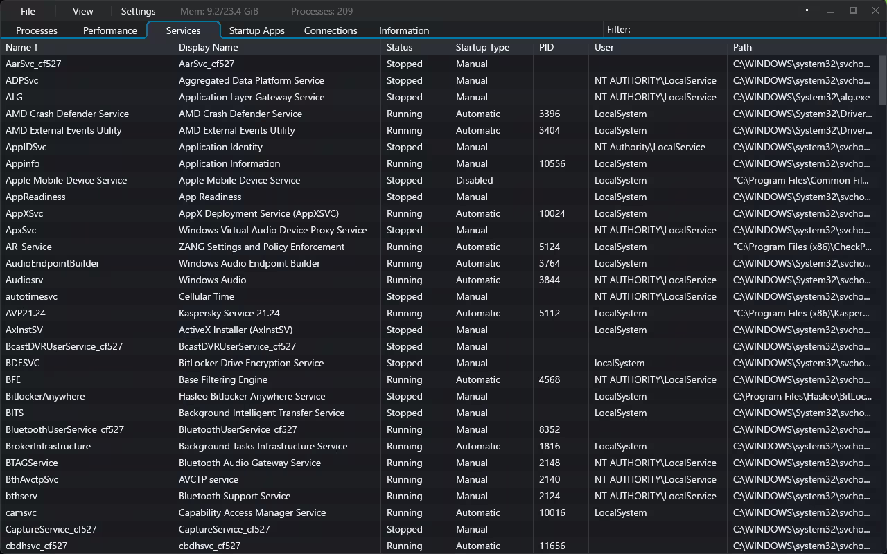 TaskSlinger Services tab listing Windows services with startup type, PID, status, executable paths, and user accounts.