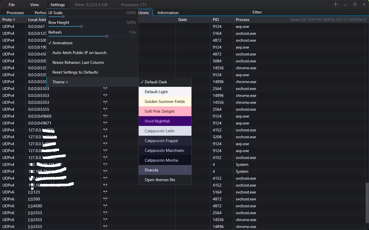 TaskSlinger settings menu showing multiple built-in themes including Dracula, Catppuccin, Soft Pink Delight, and Vivid Nightfall.