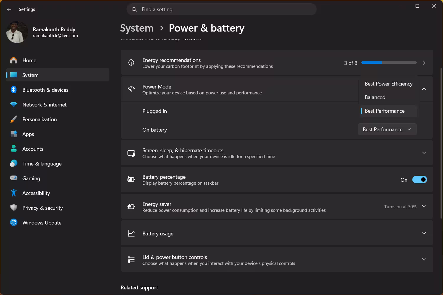 Windows 11 Power and Battery settings showing Best Performance power mode enabled