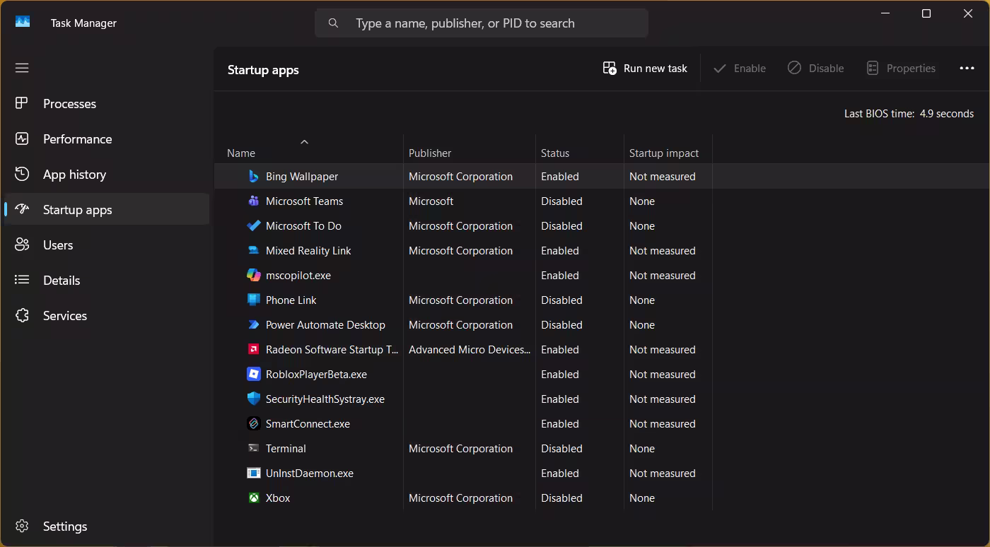 Windows 11 Task Manager Startup Apps page showing applications that launch automatically during startup