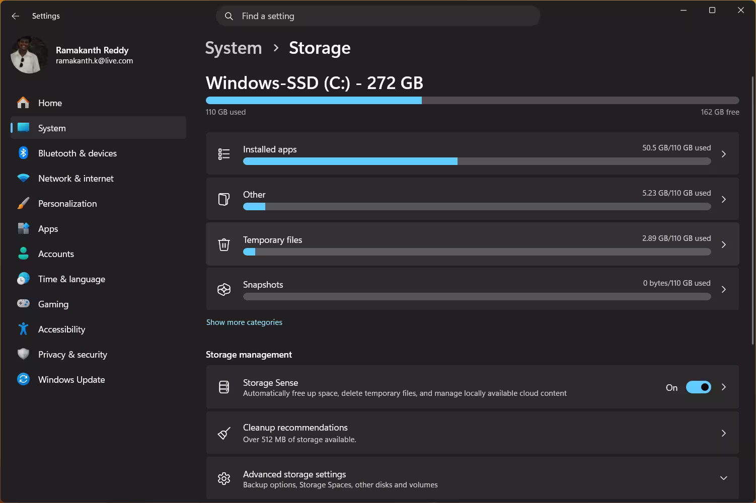 Windows 11 Storage settings showing Storage Sense enabled for automatic cleanup