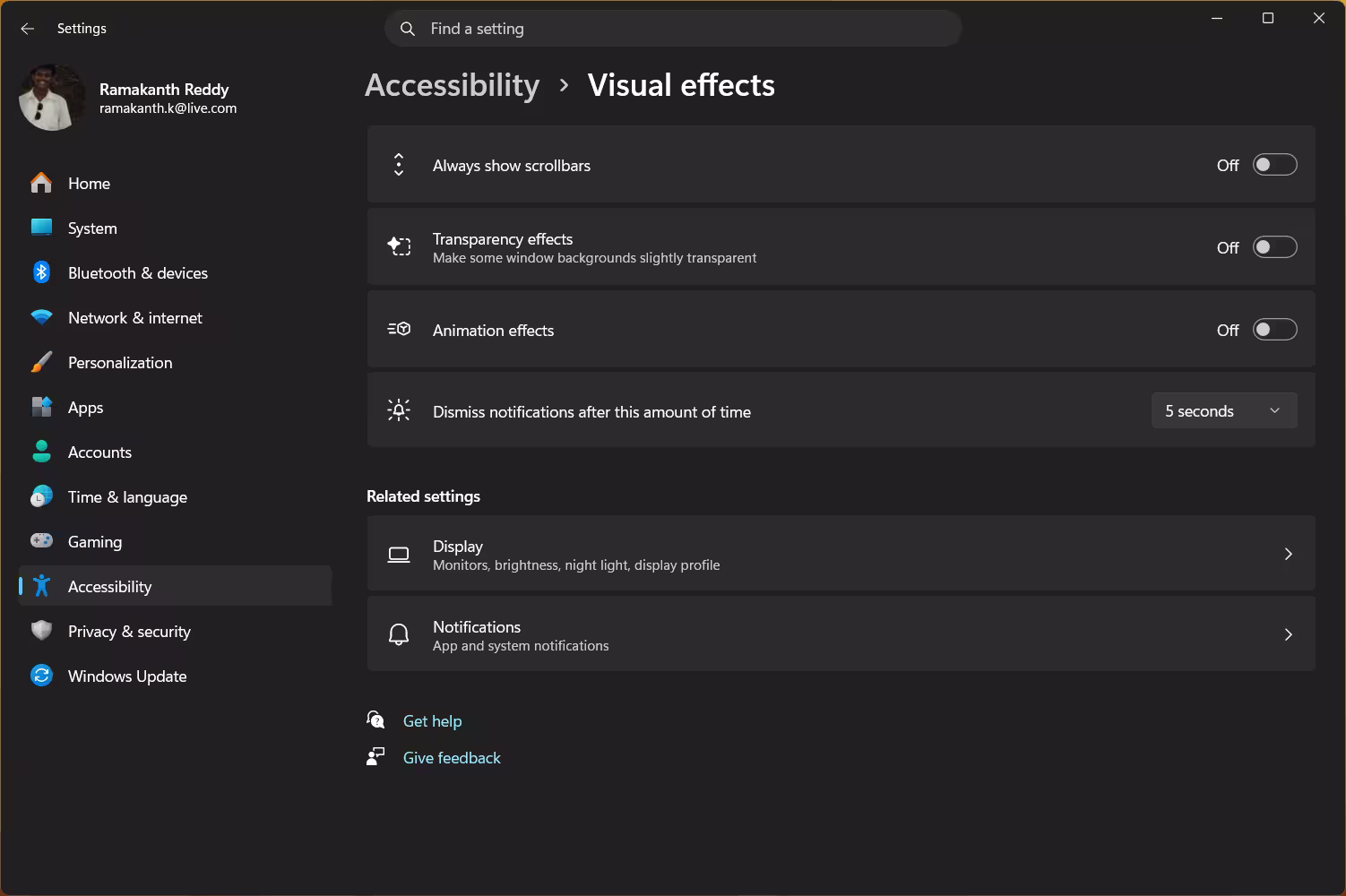 Windows 11 Accessibility Visual Effects settings with Transparency Effects and Animation Effects disabled