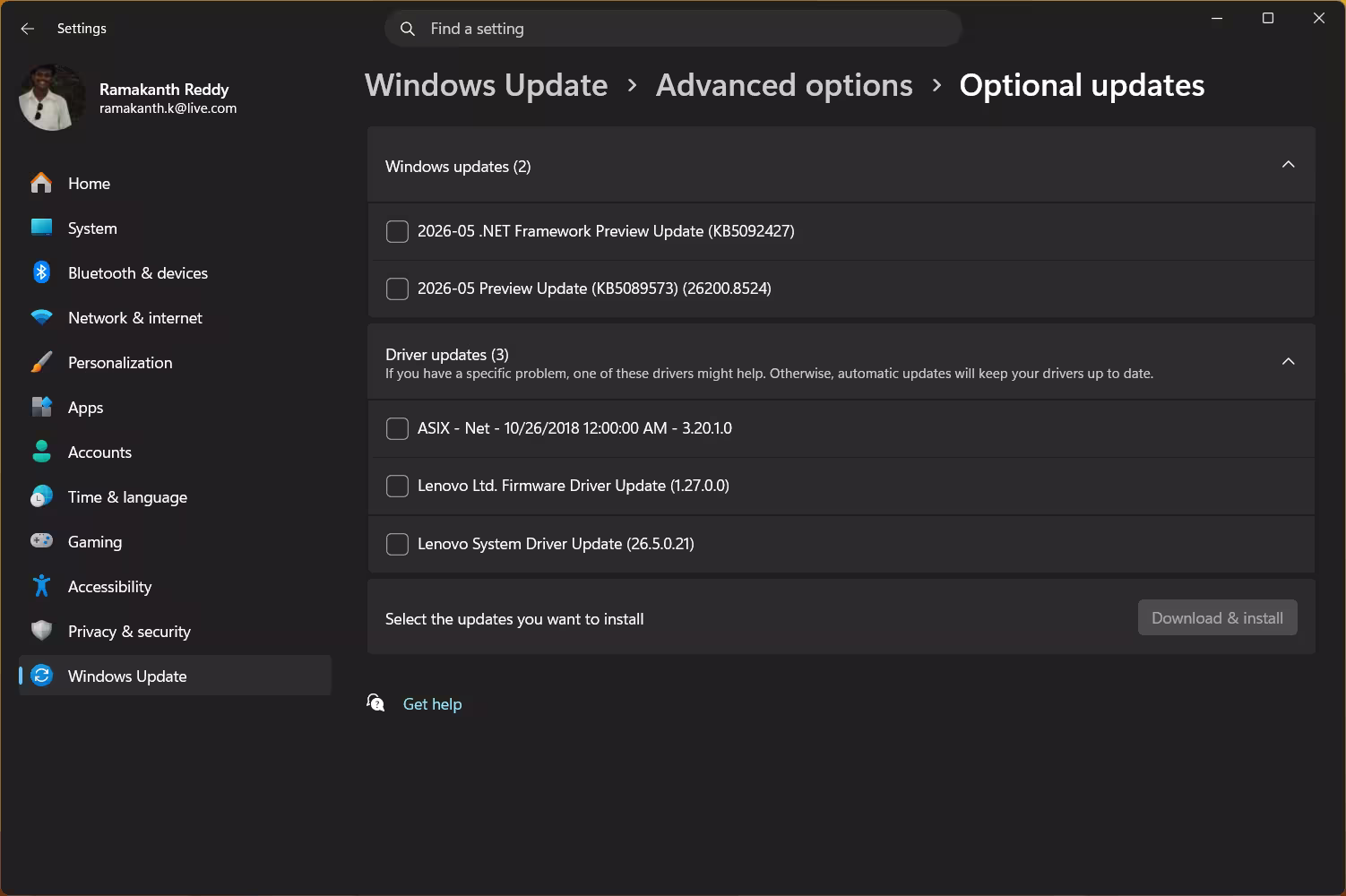 Windows 11 Optional Updates page displaying available driver updates